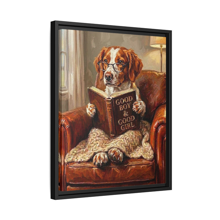 "Evening Read" - Brittany Spaniel Vertical Framed Canvas - Dog Lover Wall Art