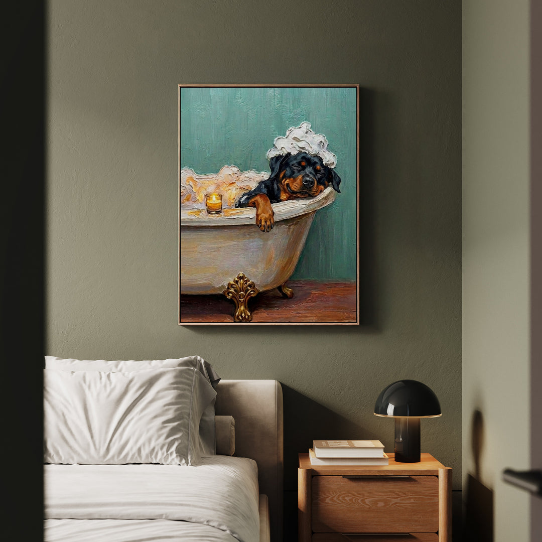 "Spa Day" - Rottweiler Vertical Framed Canvas - Dog Lover Wall Art