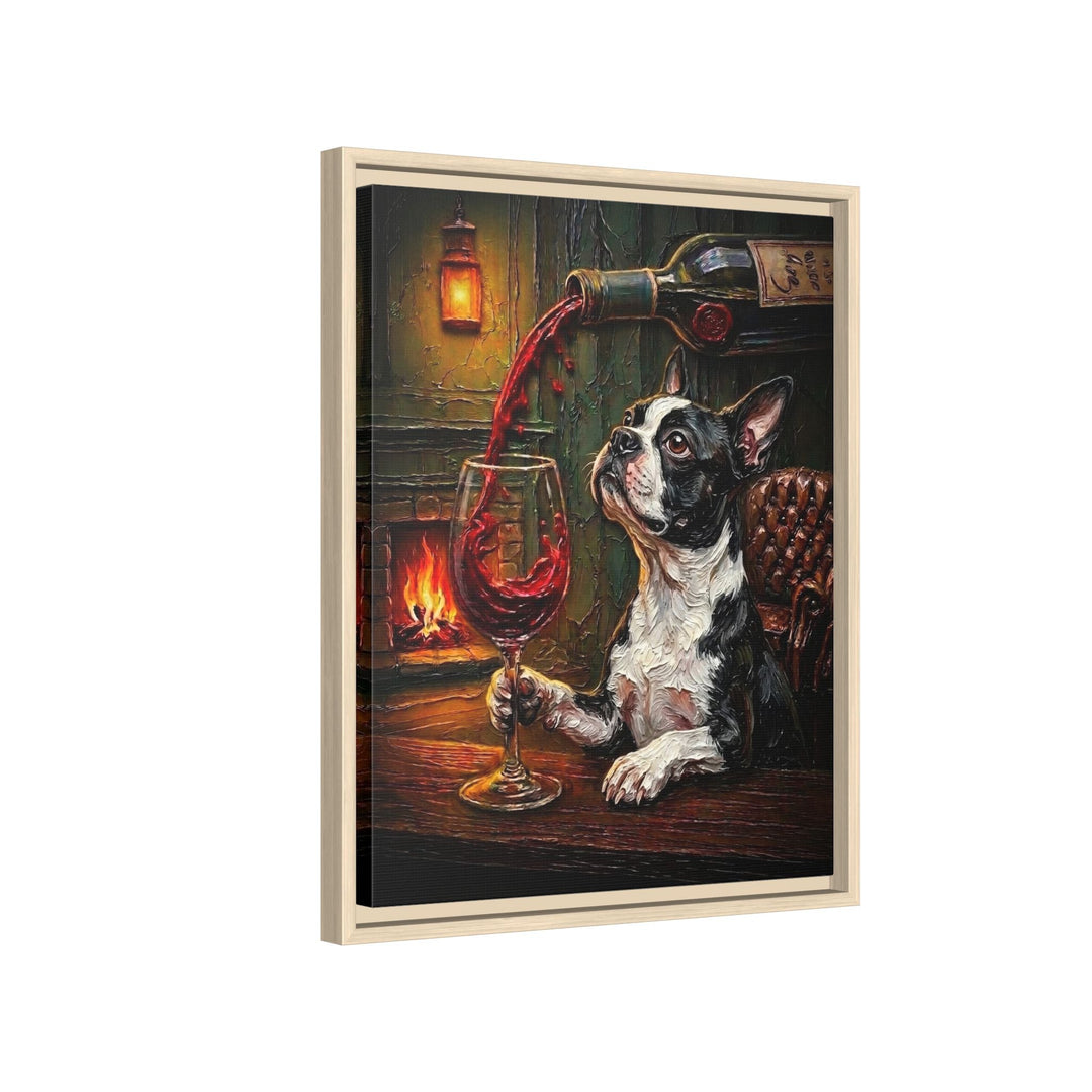 "Wine & Woof" - Boston Terrier Vertical Framed Canvas - Dog Lover Wall Art