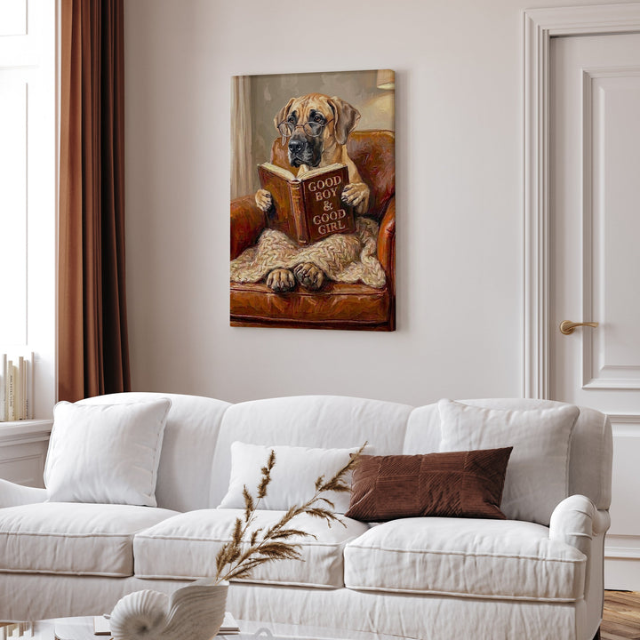 "Evening Read" - Great Dane Vertical Canvas - Dog Lover Wall Art