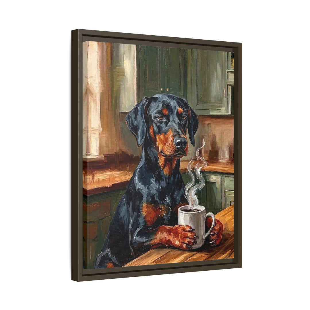 "Before Coffee" - Doberman Vertical Framed Canvas - Dog Lover Wall Art