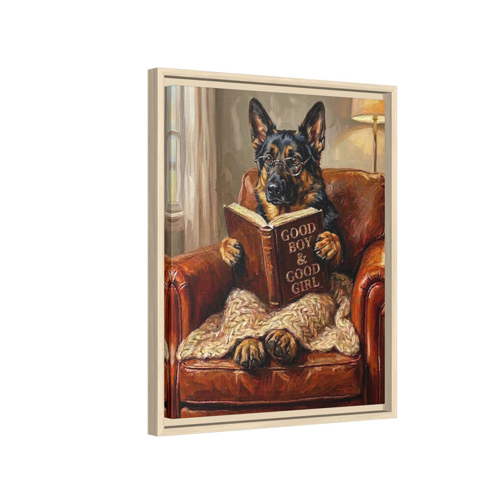 "Evening Read" - German Shepherd Vertical Framed Canvas - Dog Lover Wall Art