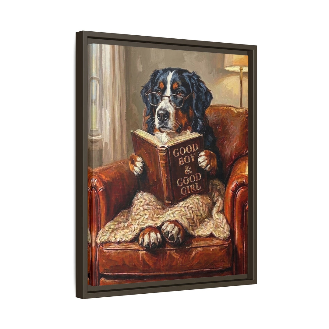 "Evening Read" - Bernese Mountain Dog Vertical Framed Canvas - Dog Lover Wall Art