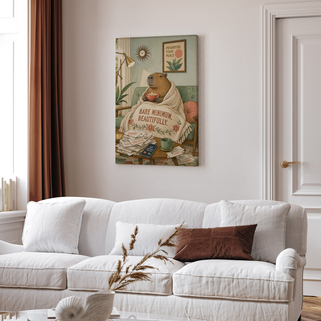 "Bare Minimum" - Capybara Vertical Canvas - Dark Burnout Humor Wall Art