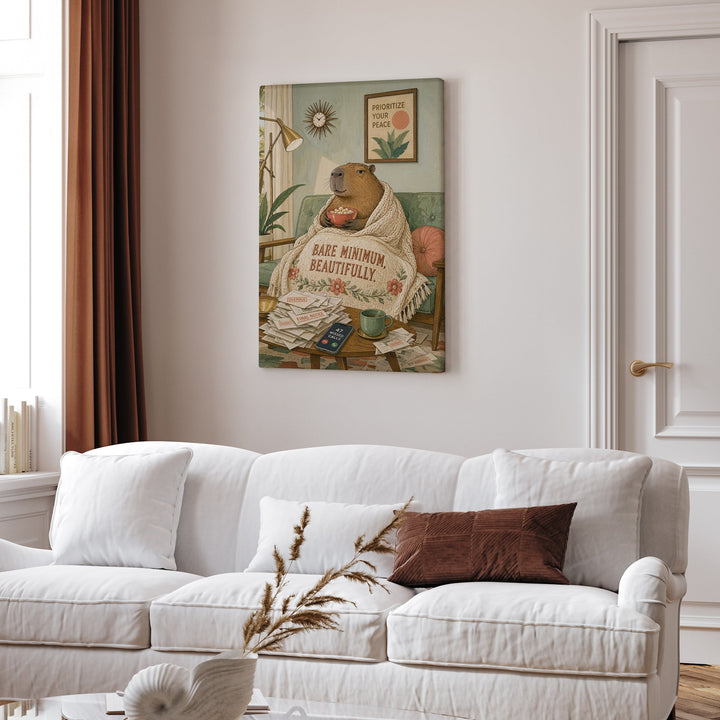 "Bare Minimum" - Capybara Vertical Canvas - Dark Burnout Humor Wall Art