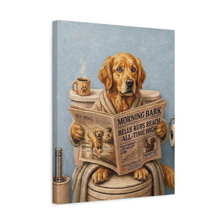 Golden Retriever on the Toilet Funny Bathroom Art, Newspaper Reading Dog Print, Canvas or Framed Wall Art