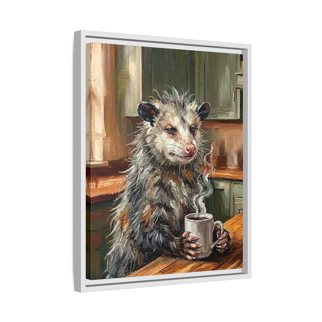 "Coffee & Silence" - Opossum Vertical Framed Canvas - Spirit Animal Wall Art