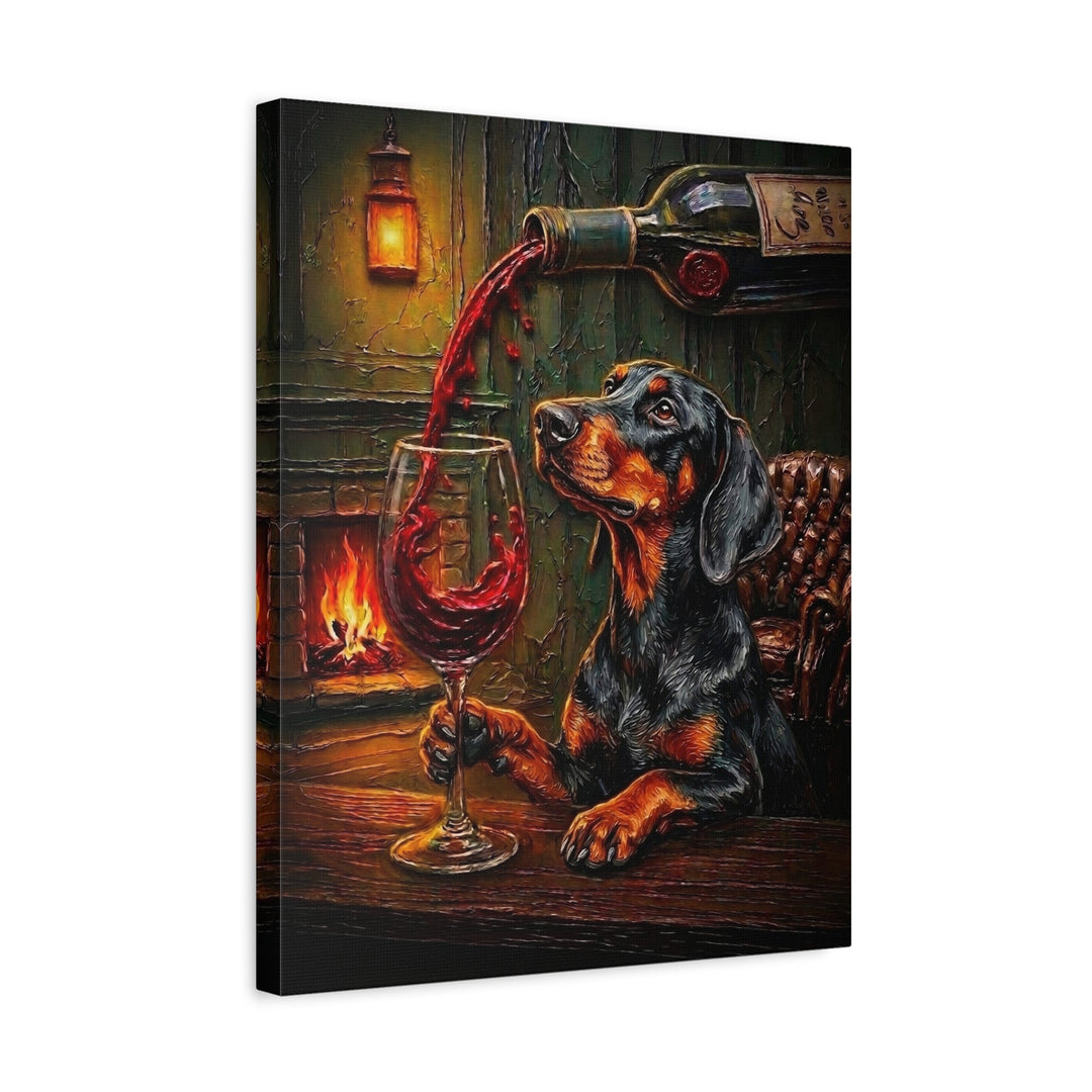 "Wine & Woof" - Doberman Vertical Canvas - Dog Lover Wall Art