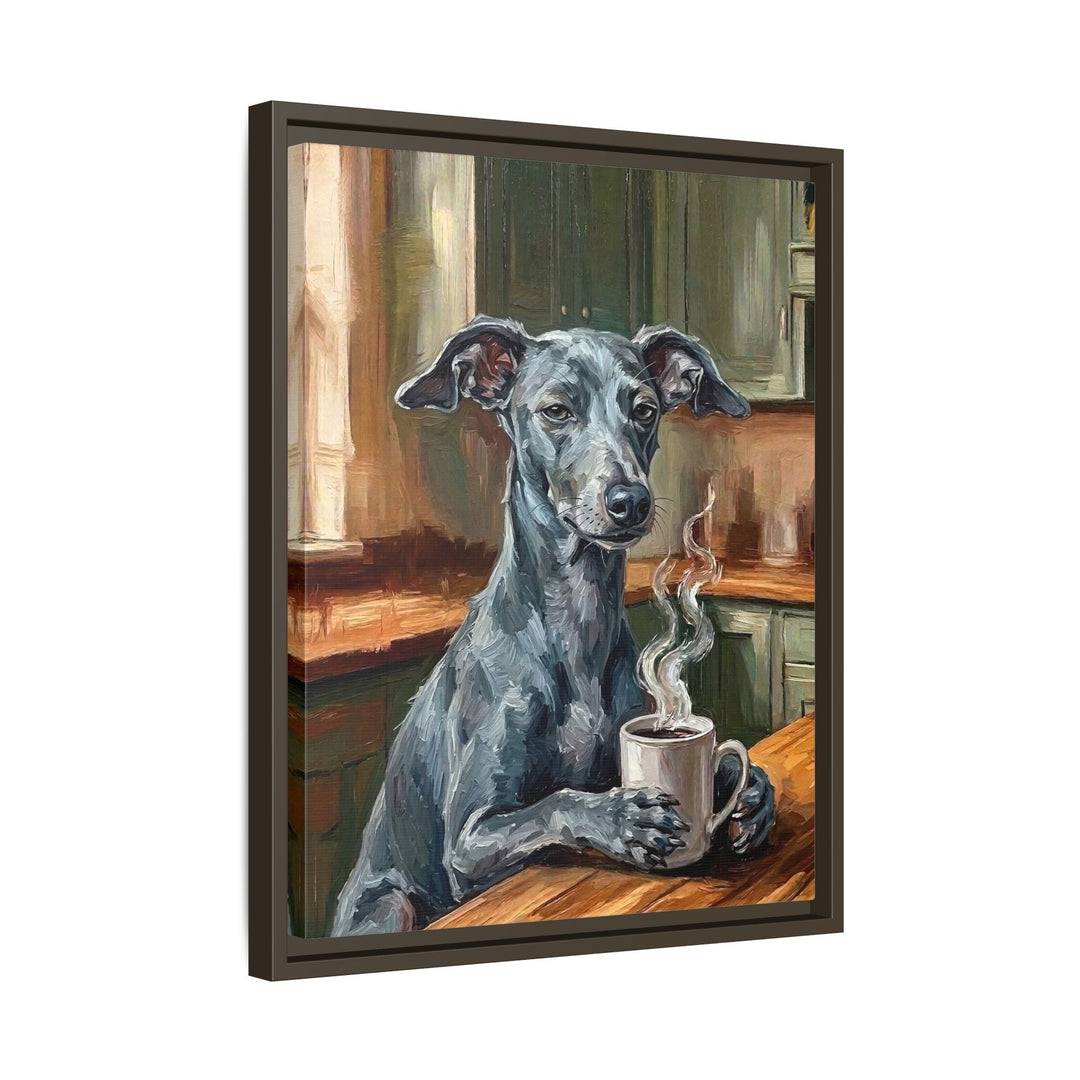 "Before Coffee" - Italian Greyhound Vertical Framed Canvas - Dog Lover Wall Art