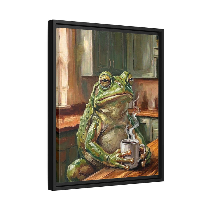 "Coffee & Silence" - Frog Vertical Framed Canvas - Spirit Animal Wall Art