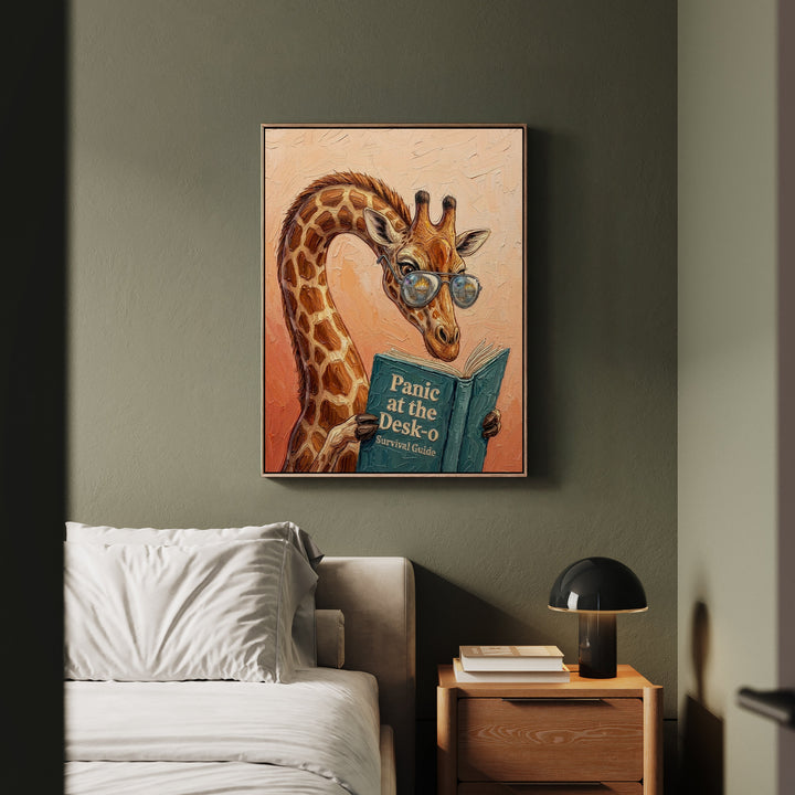 "Panic at the Desk O" - Giraffe Vertical Framed Canvas - Animal Book Humor Wall Art