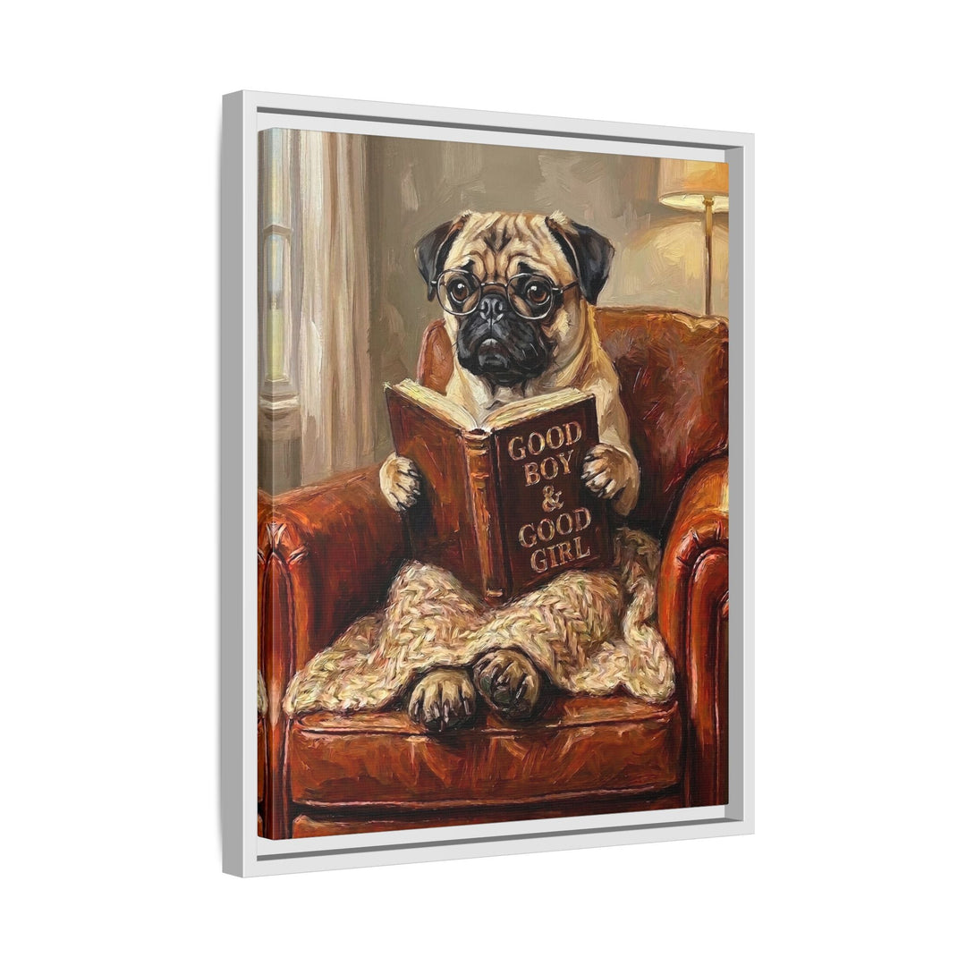 "Evening Read" - Pug Vertical Framed Canvas - Dog Lover Wall Art
