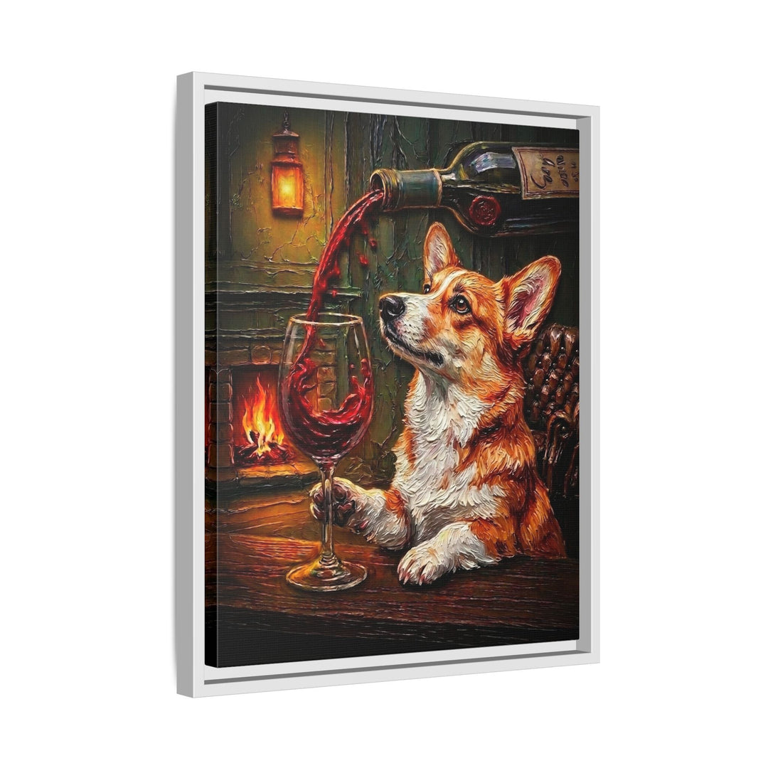 "Wine & Woof" - Corgi Vertical Framed Canvas - Dog Lover Wall Art