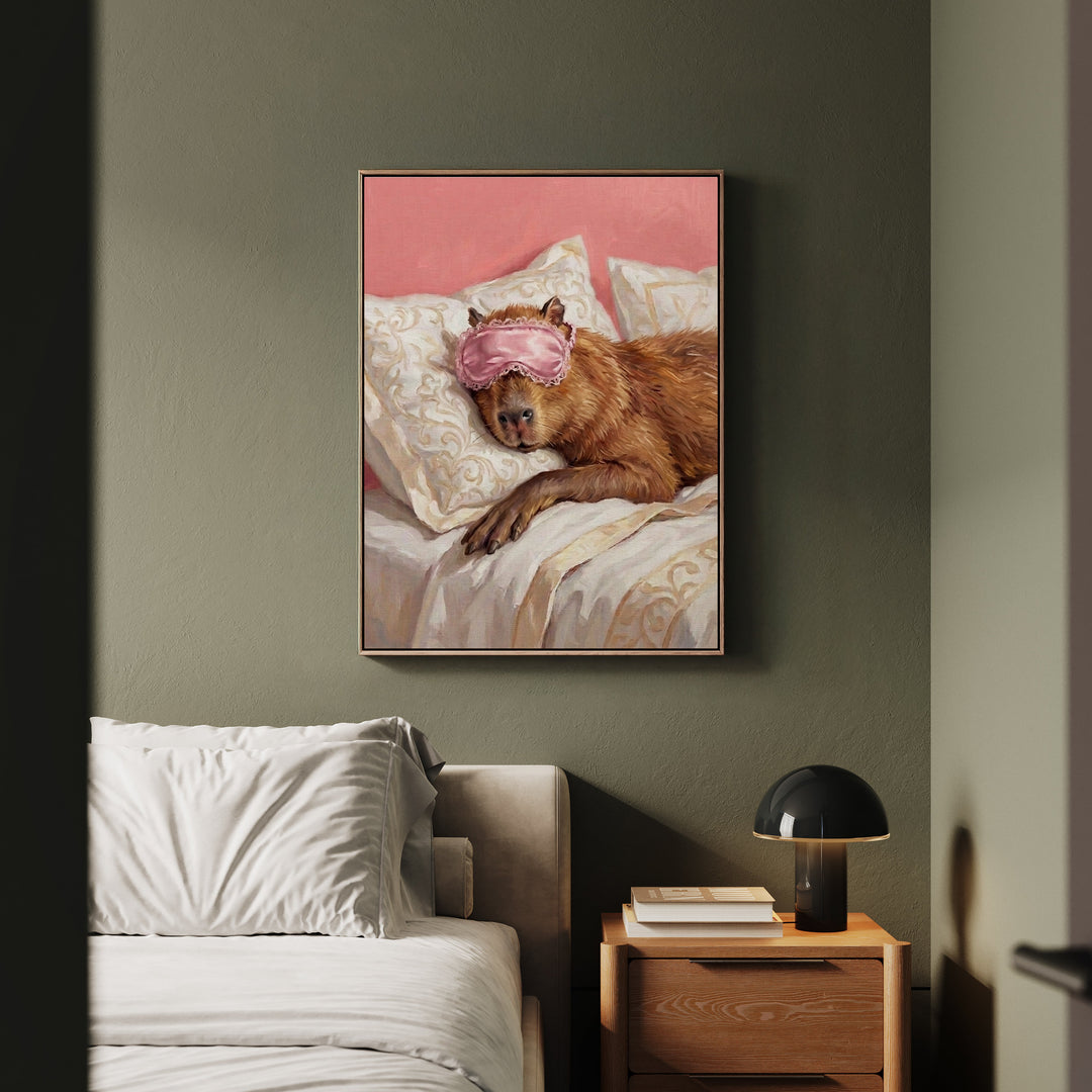 "Beauty Sleep" - Capybara Vertical Framed Canvas - Spirit Animal Wall Art