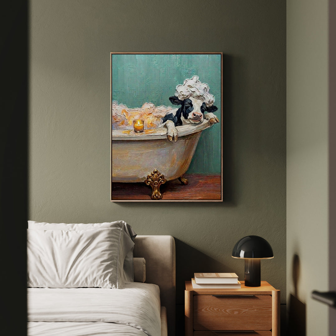 "Bubble Time" - Cow Vertical Framed Canvas - Spirit Animal Wall Art