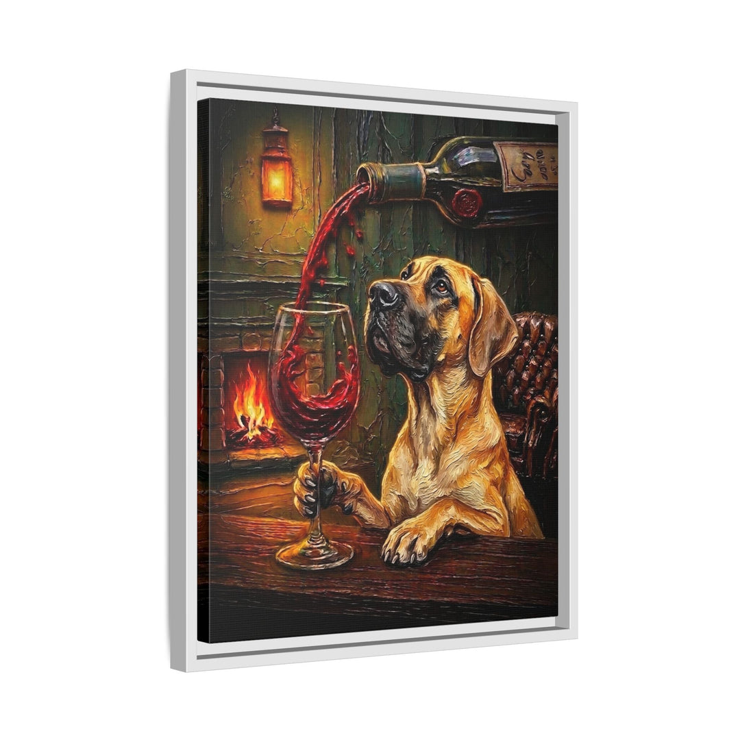 "Wine & Woof" - Great Dane Vertical Framed Canvas - Dog Lover Wall Art