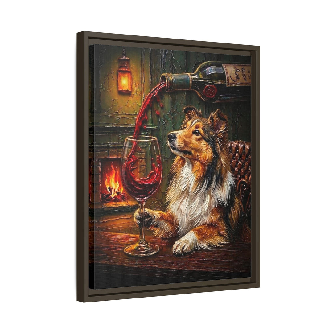 "Wine & Woof" - Shetland Sheepdog Vertical Framed Canvas - Dog Lover Wall Art