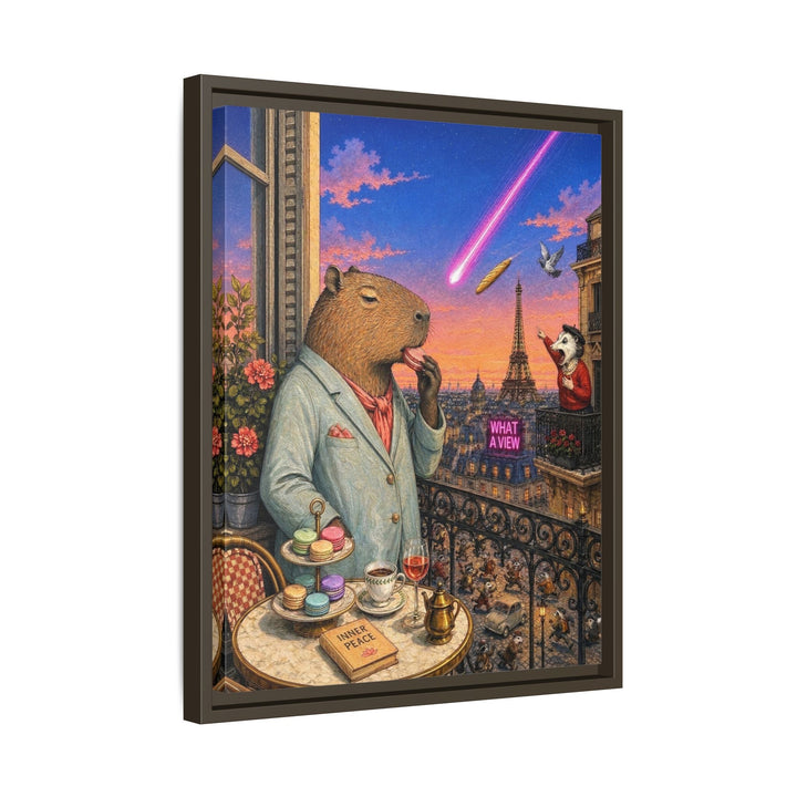 "What a View" - Capybara Vertical Framed Canvas - Dark Burnout Humor Wall Art