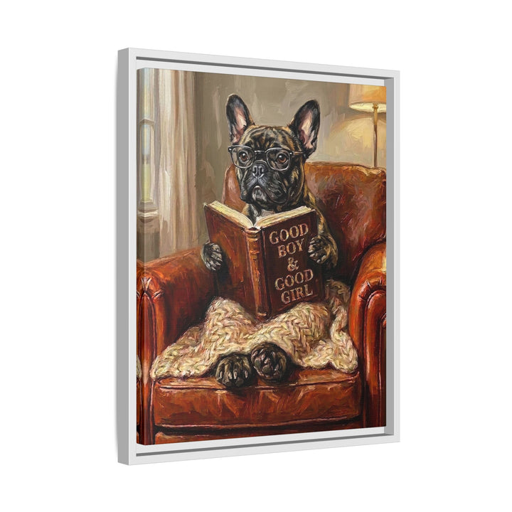 "Evening Read" - French Bulldog Vertical Framed Canvas - Dog Lover Wall Art