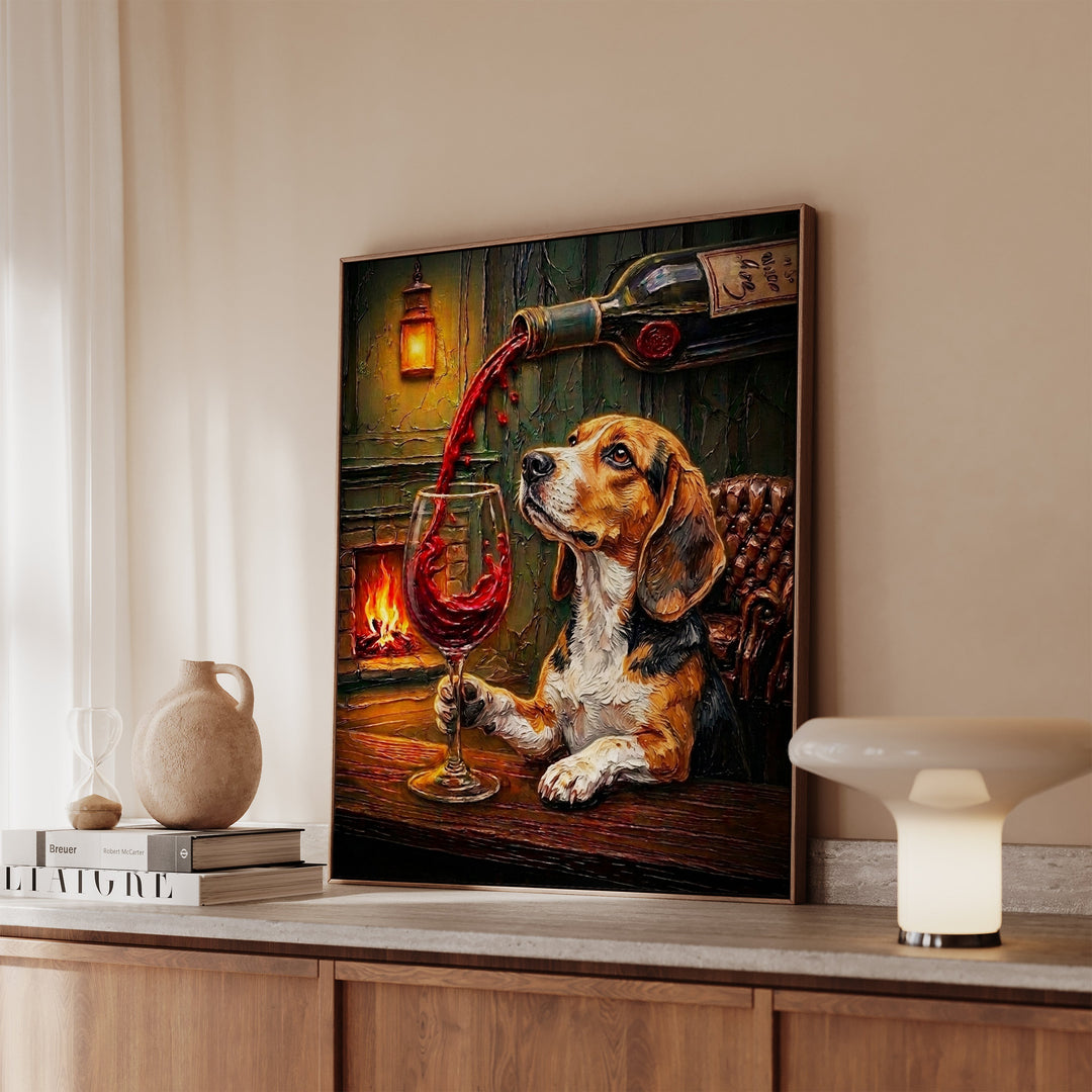 Beagle Wine & Woof Framed Canvas