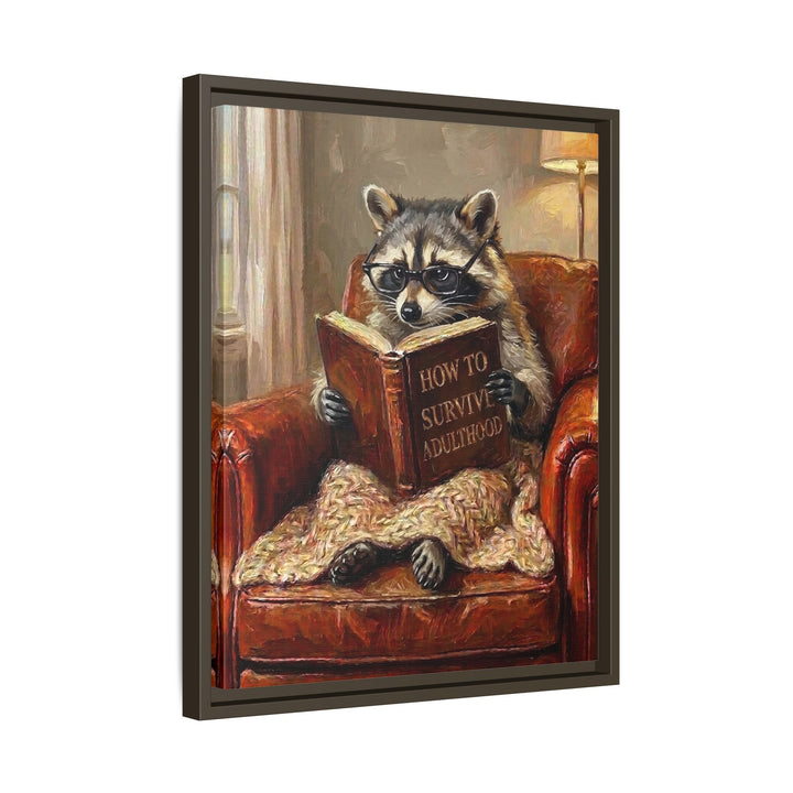 "Survive Adulthood" - Raccoon Vertical Framed Canvas - Spirit Animal Wall Art