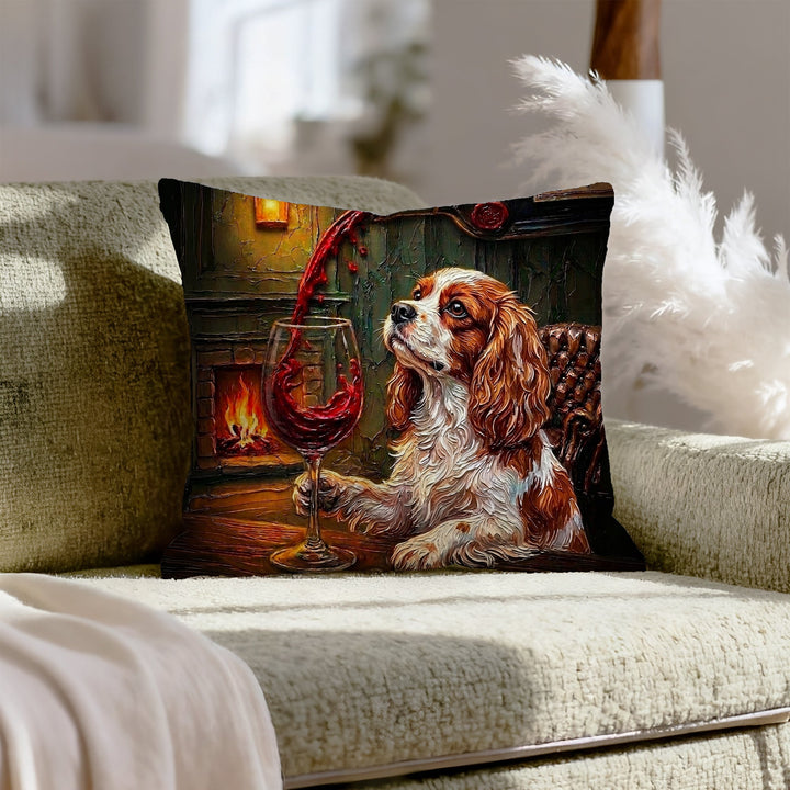 "Wine & Woof" - Cavalier King Charles Pillow Cover - Dog Lover Home Decor