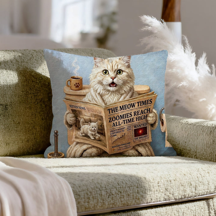 "Morning Business" - Fluffy White Cream Longhair Throw Pillow - Cat Lover Home Decor