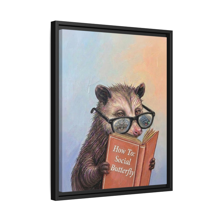 "How To Social Butterfly" - Opossum Vertical Framed Canvas - Animal Book Humor Wall Art