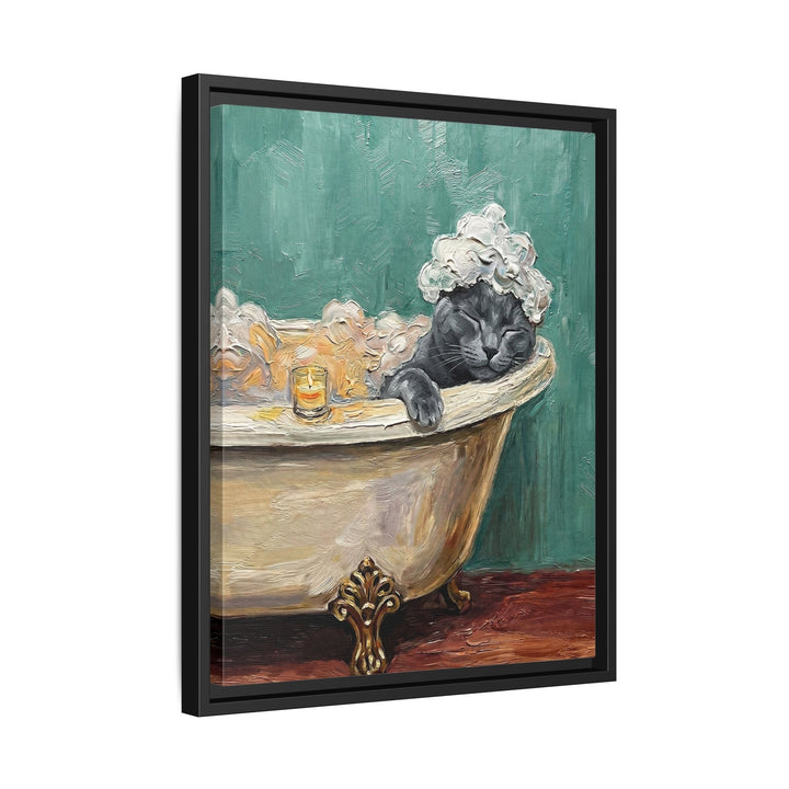 "Spa Day" - Solid Grey Vertical Framed Canvas - Cat Lover Wall Art