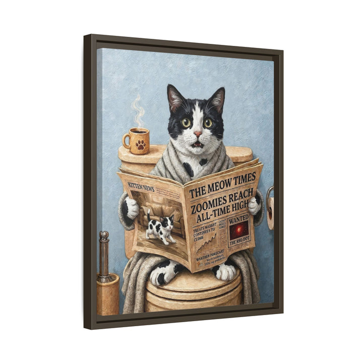 "Morning Business" - Black & White Bicolor Vertical Framed Canvas - Cat Lover Wall Art