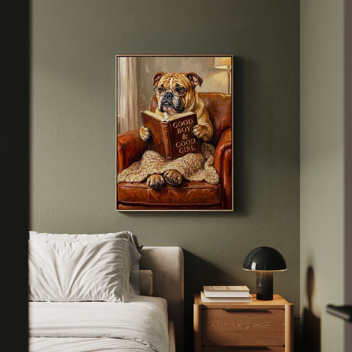 "Evening Read" - English Bulldog Vertical Framed Canvas - Dog Lover Wall Art