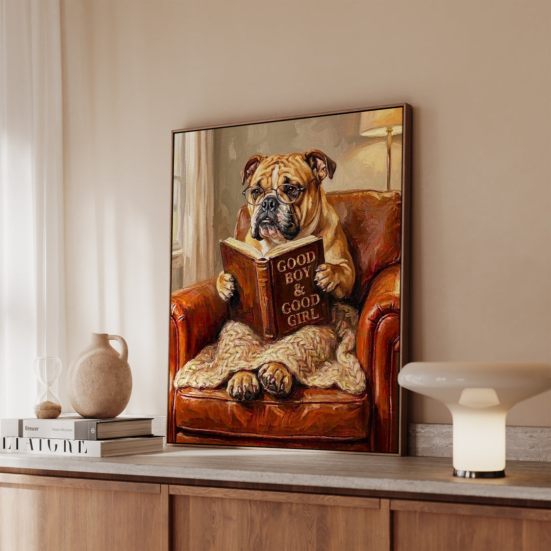 English Bulldog Evening Read Framed Canvas