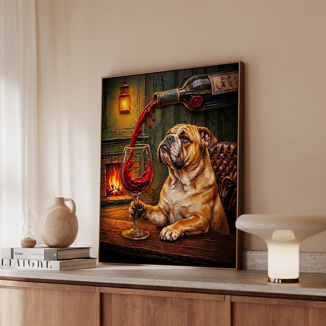 English Bulldog Wine & Woof Framed Canvas
