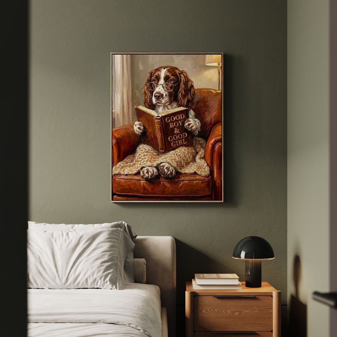 "Evening Read" - English Springer Spaniel Vertical Framed Canvas - Dog Lover Wall Art