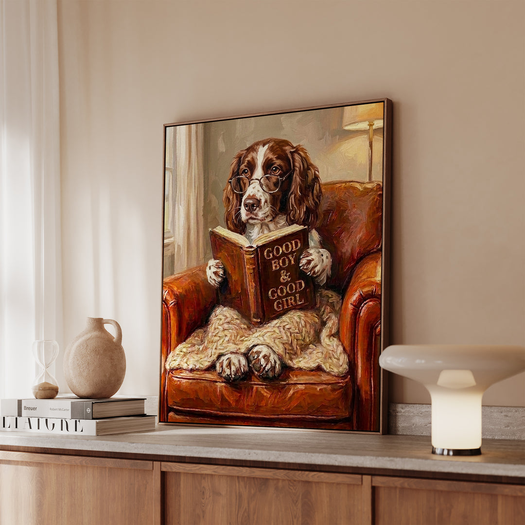 English Springer Spaniel Evening Read Framed Canvas