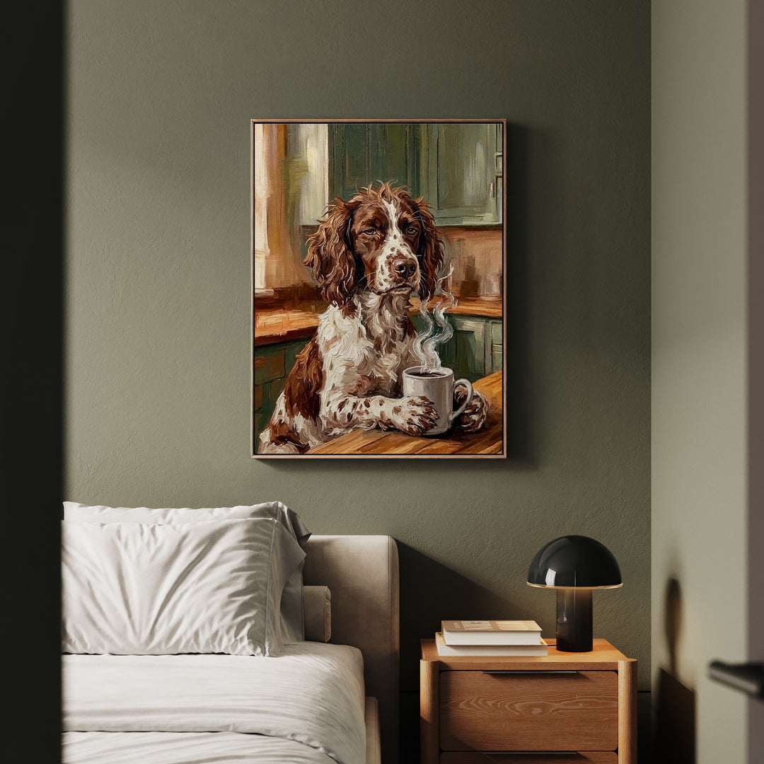 "Before Coffee" - English Springer Spaniel Vertical Framed Canvas - Dog Lover Wall Art
