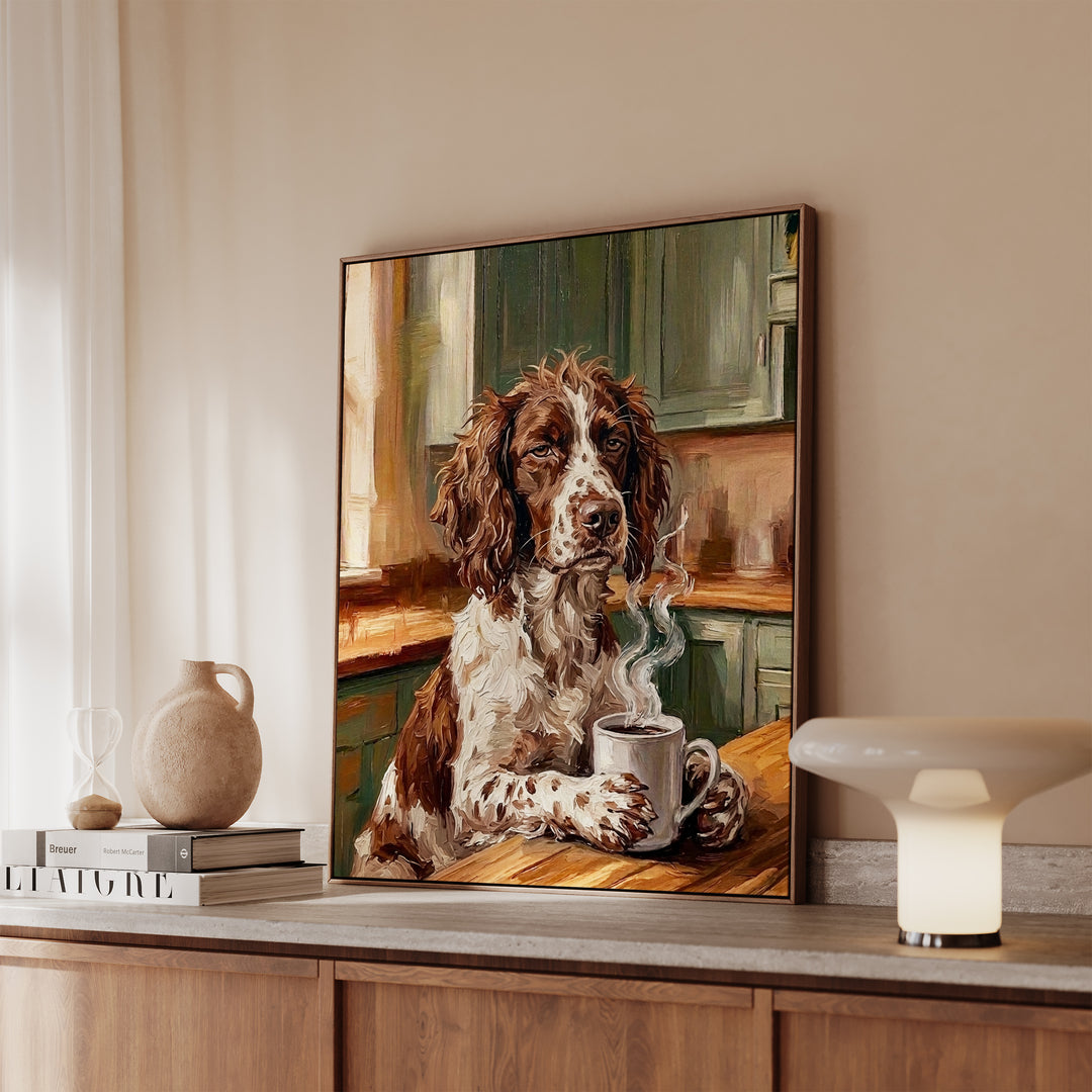 English Springer Spaniel Before Coffee Framed Canvas