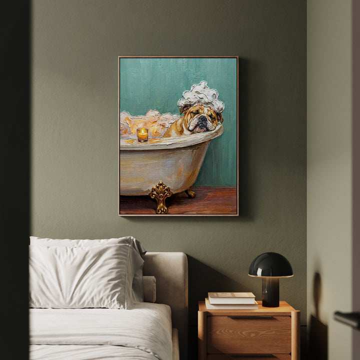 "Spa Day" - English Bulldog Vertical Framed Canvas - Dog Lover Wall Art
