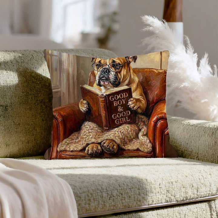 "Evening Read" - English Bulldog Throw Pillow - Dog Lover Home Decor