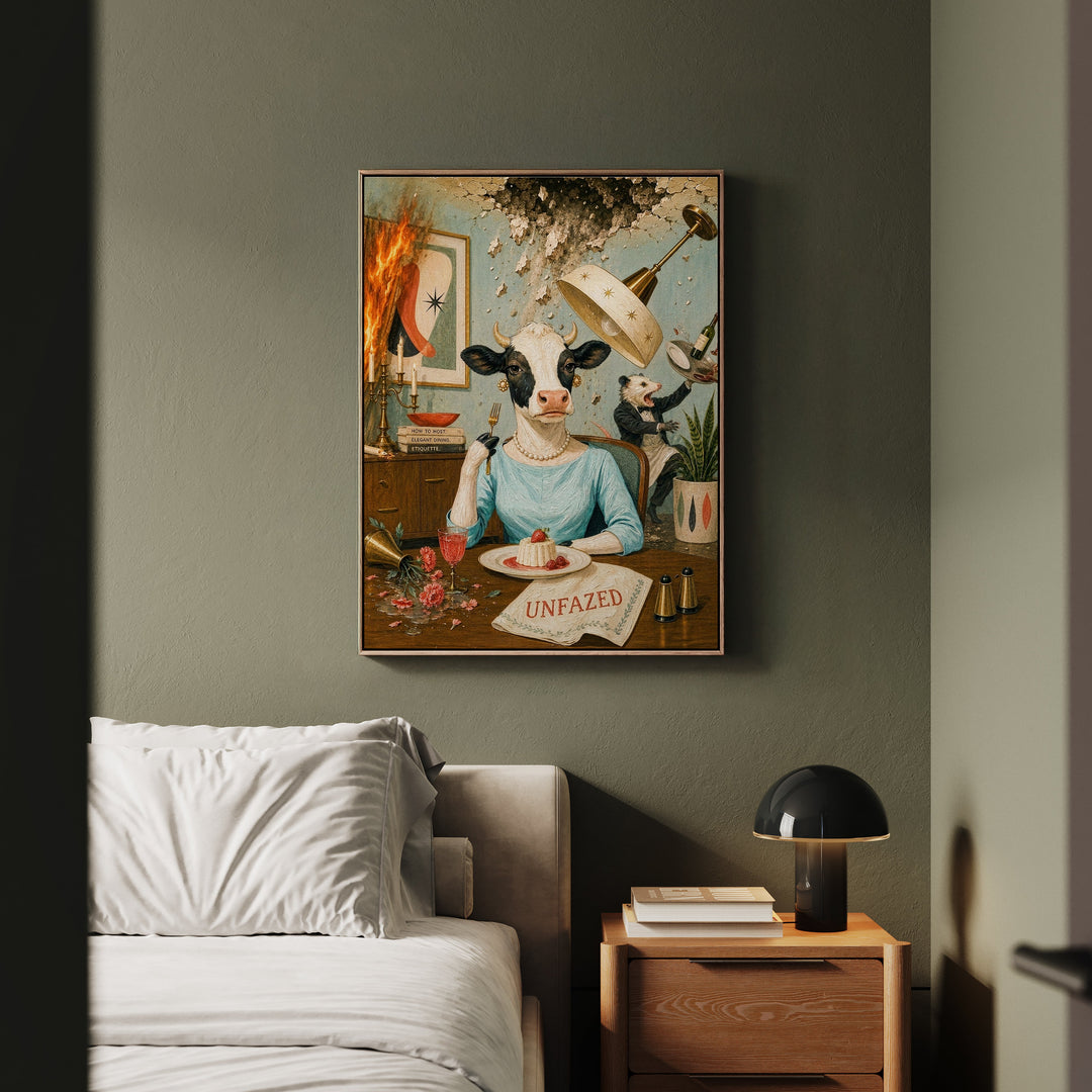 "Unfazed" - Cow Vertical Framed Canvas - Dark Burnout Humor Wall Art
