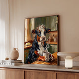 "Coffee & Silence" - Cow Vertical Framed Canvas - Spirit Animal Wall Art
