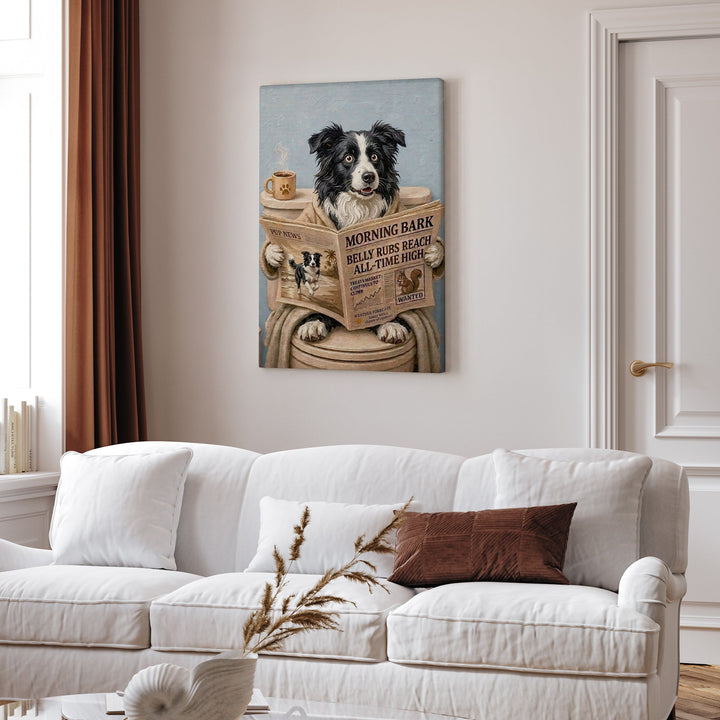 "Morning Business" - Border Collie Vertical Canvas - Dog Lover Wall Art