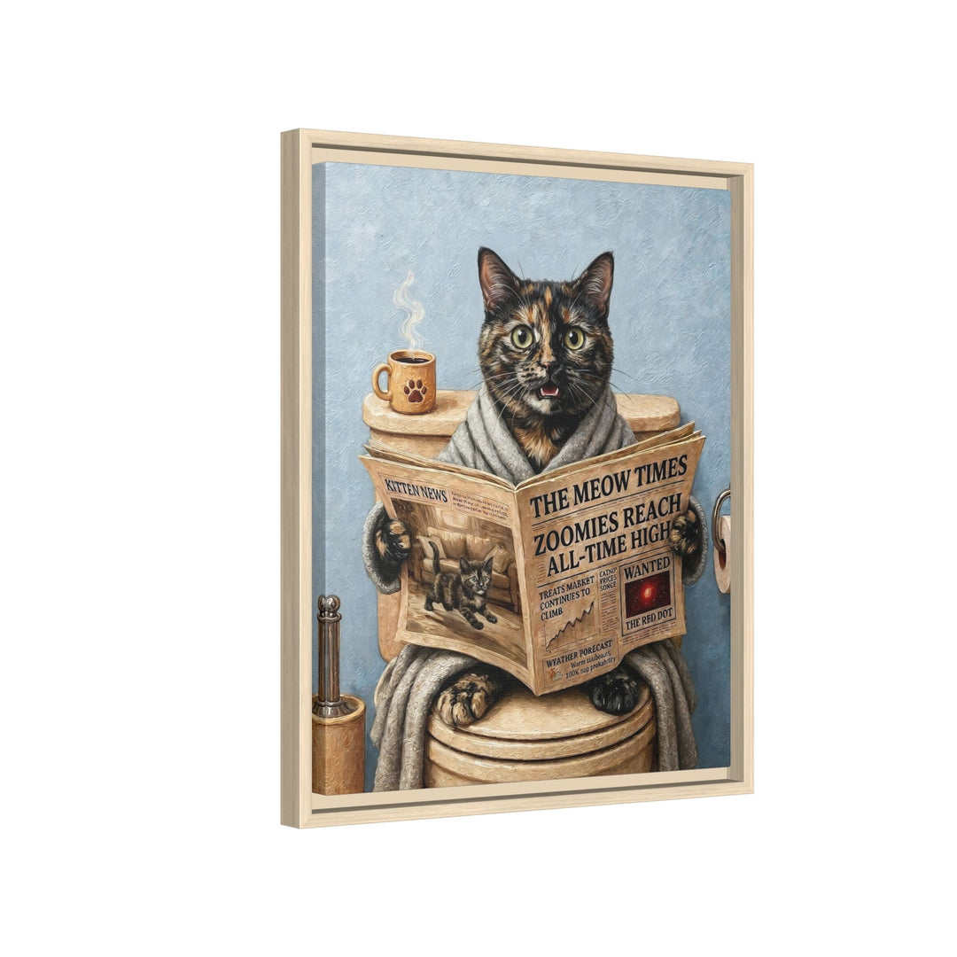 "Morning Business" - Tortoiseshell Vertical Framed Canvas - Cat Lover Wall Art