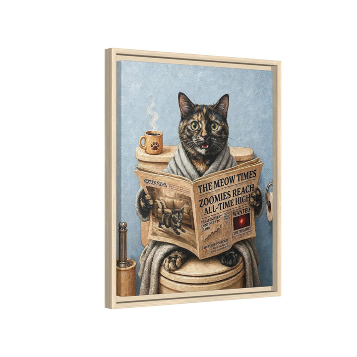 "Morning Business" - Tortoiseshell Vertical Framed Canvas - Cat Lover Wall Art