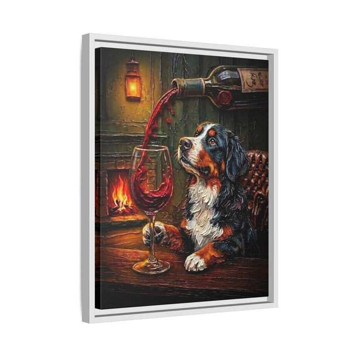 "Wine & Woof" - Bernese Mountain Dog Vertical Framed Canvas - Dog Lover Wall Art