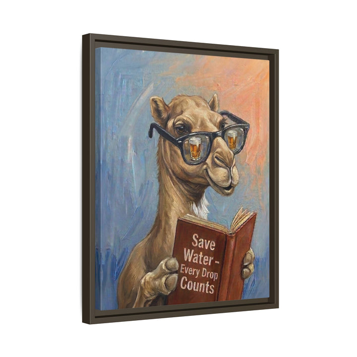 "Save Water" - Camel Vertical Framed Canvas - Animal Book Humor Wall Art