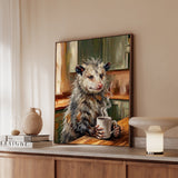 "Coffee & Silence" - Opossum Vertical Framed Canvas - Spirit Animal Wall Art