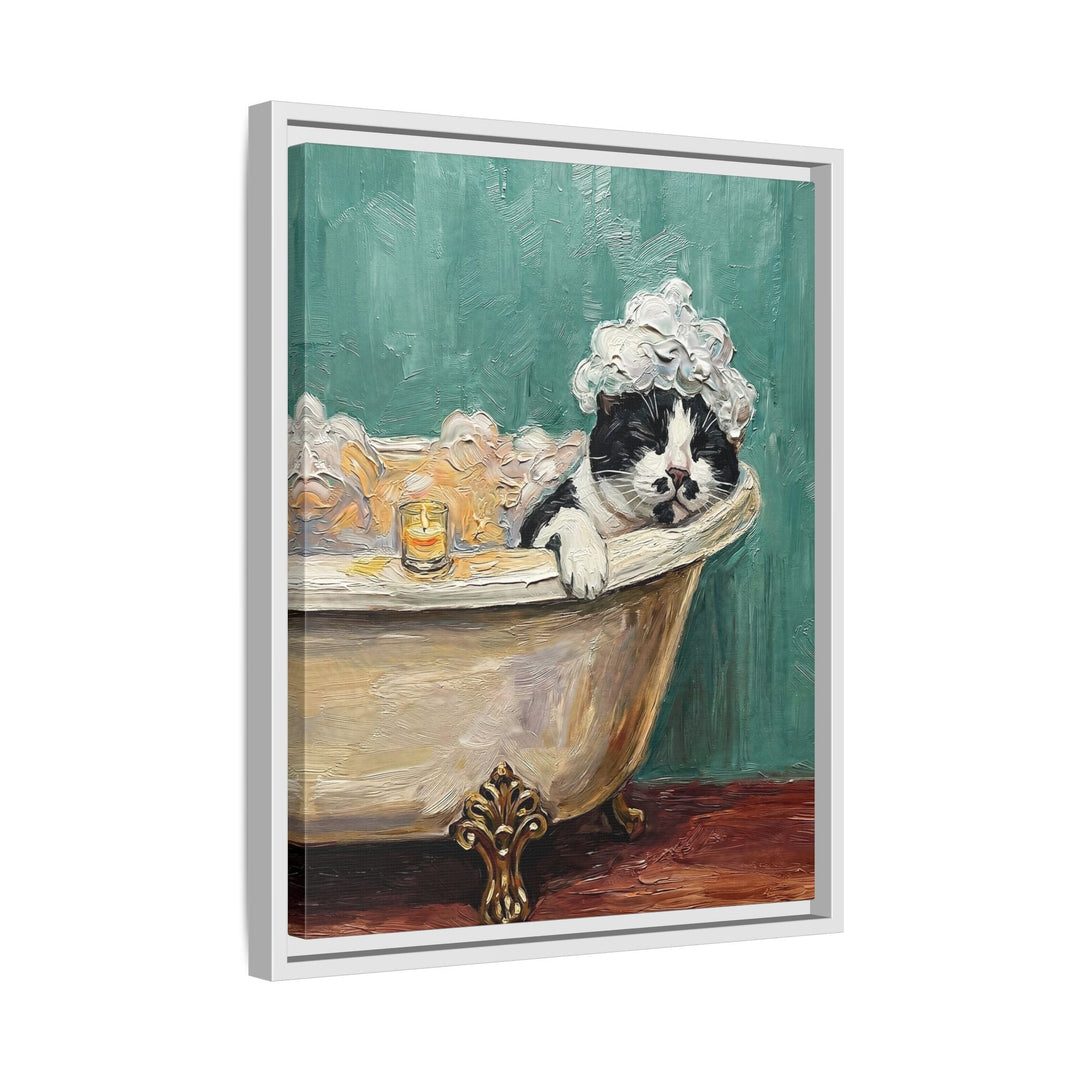 "Spa Day" - Black & White Bicolor Vertical Framed Canvas - Cat Lover Wall Art