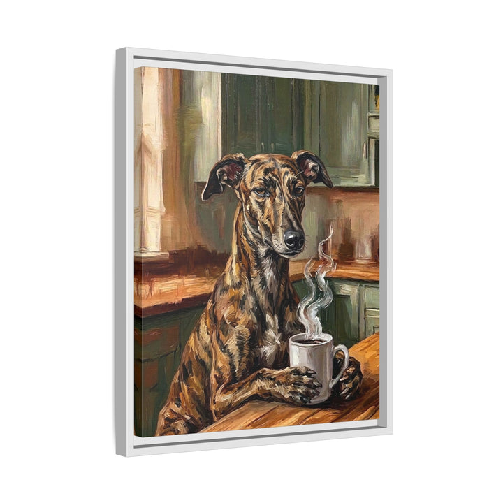 "Before Coffee" - Greyhound Vertical Framed Canvas - Dog Lover Wall Art