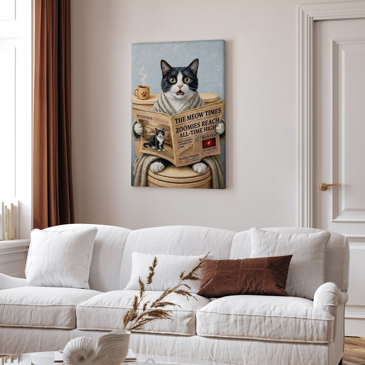 "Morning Business" - Tuxedo Vertical Canvas - Cat Lover Wall Art
